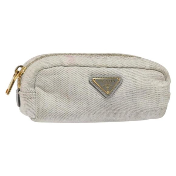 PRADA Pouch Canvas Gray Gold Auth ac3649 - Picture 1 of 16